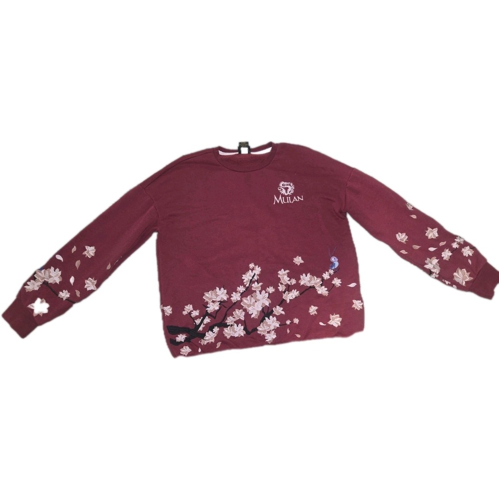 Disney Princess Mulan Floral Pullover Sweatshirt Burgundy Embroidered Women's S